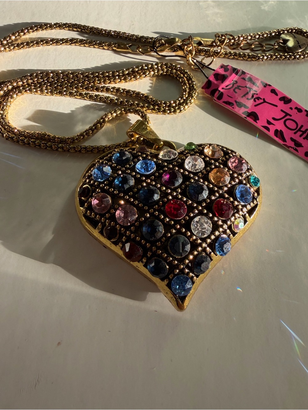 Betsey Johnson Gold Multicolor Crystal Heart Locket Necklace 30” - Picture 7 of 11